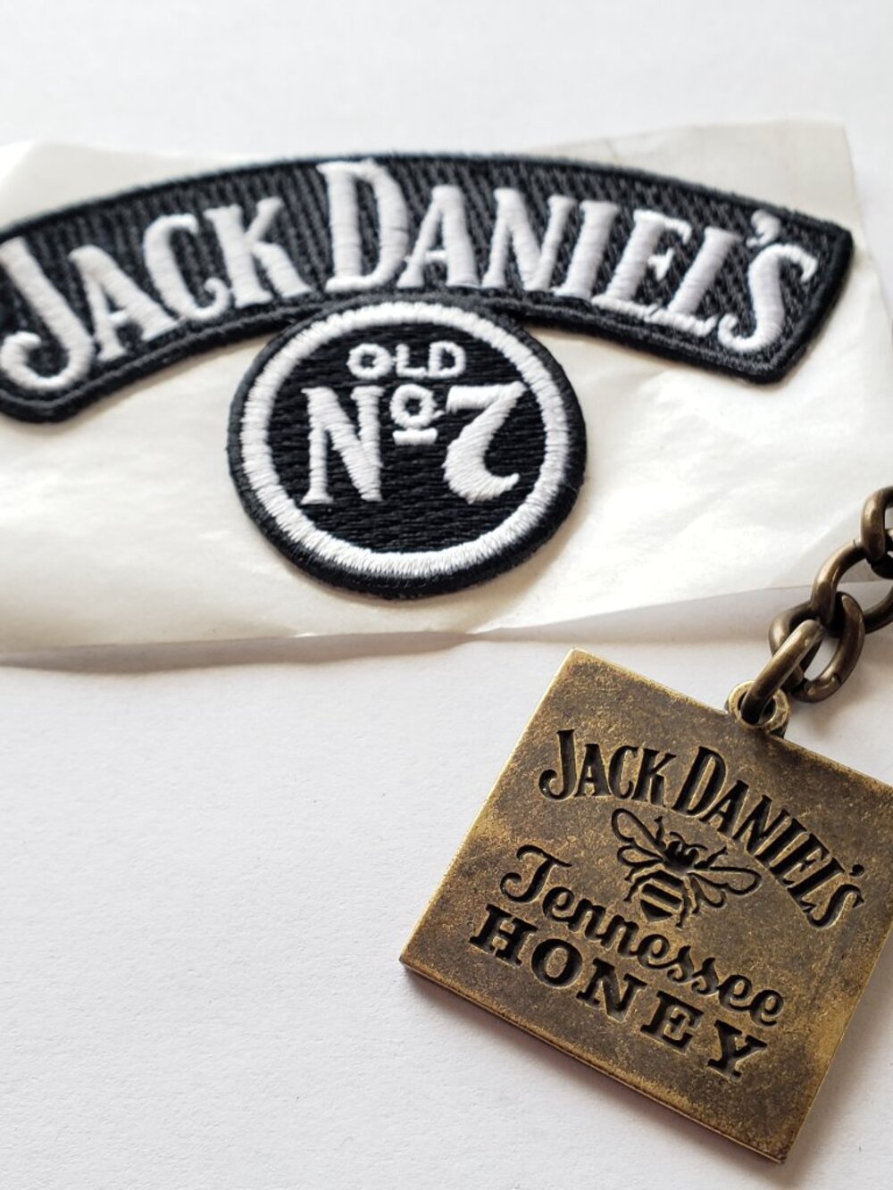 NOS Jack Daniels Tennessee Honey Whiskey Embroidered Patch & Brass Key Chain